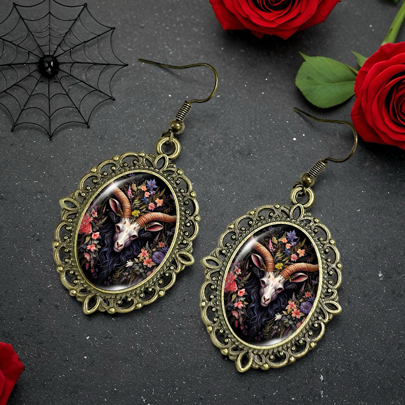 Vintage Goat Head & Wildflower Pattern Oval Glass Earrings